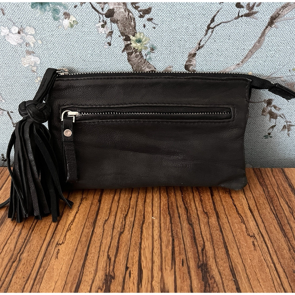 TopShop Tassel Leather Clutch Bag Black